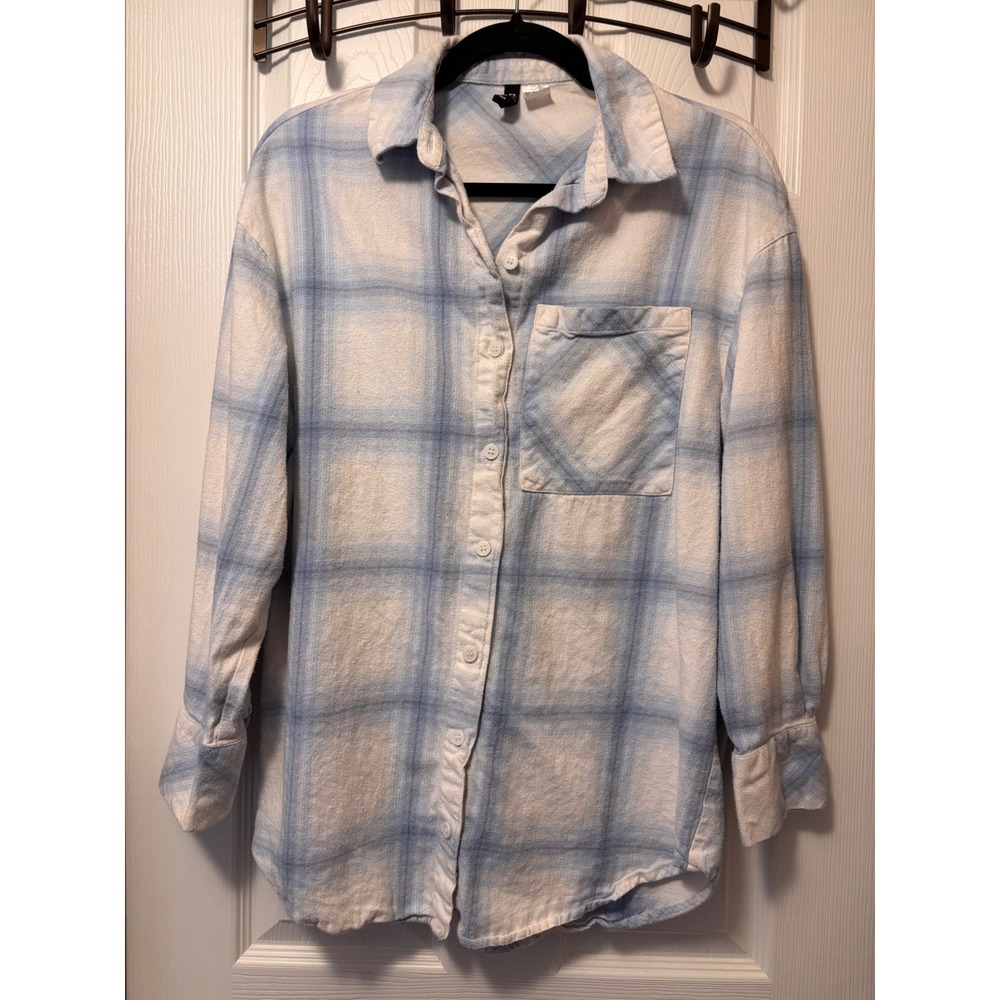 HM Divided Blue White Plaid Flannel Button Down Shirt Womens XS 0996369 4